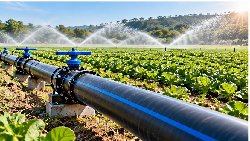 Agricultural irrigation network with water supply pipes and field sprinklers