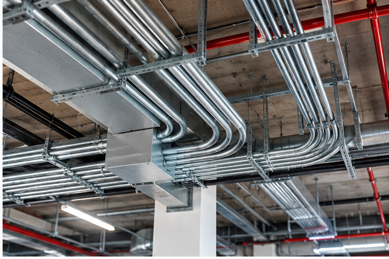 Organized electrical conduit and cable protection routes in a commercial building ceiling