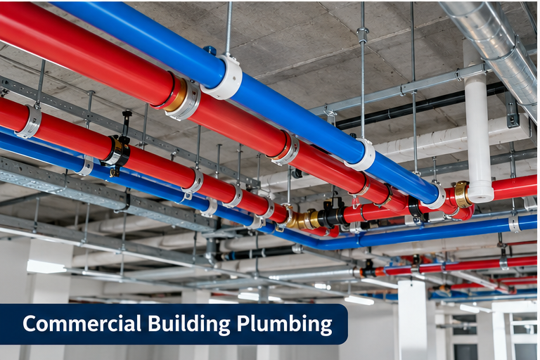 Commercial building plumbing installation with overhead red and blue piping networks