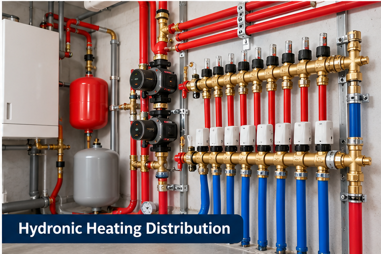 Hydronic heating distribution manifold with red and blue piping and mechanical equipment