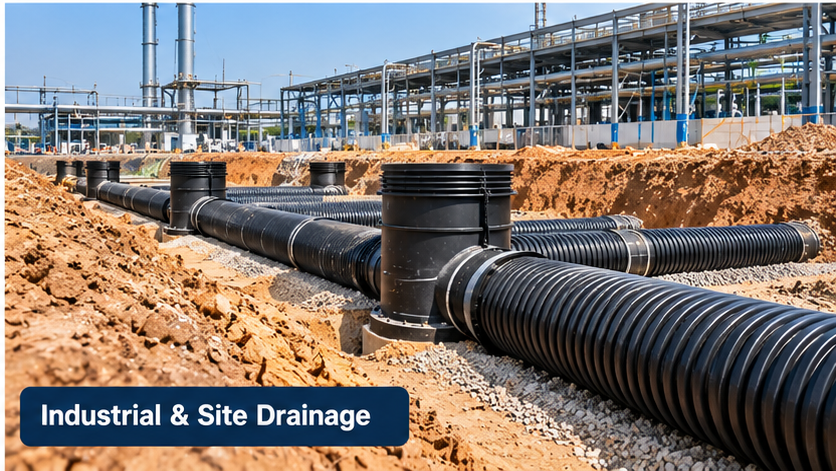 Corrugated underground drainage pipe network at an industrial construction site