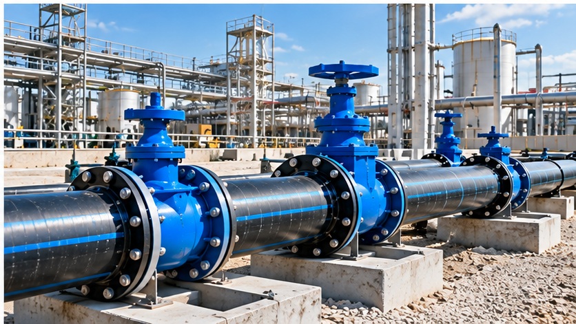 Industrial infrastructure site with water distribution pipelines and blue valves