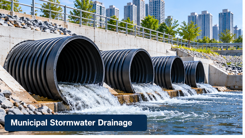 Large corrugated drainage pipes used in a municipal stormwater drainage illustration