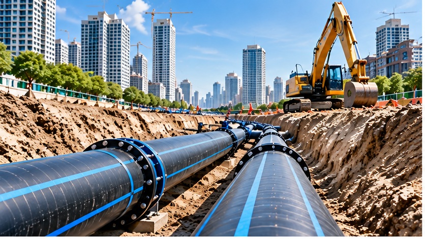 Municipal water distribution project with HDPE pipelines installed in an urban trench