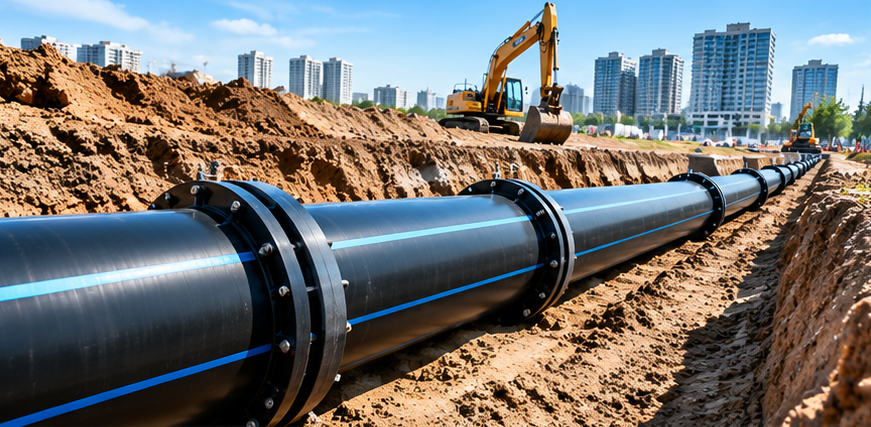 HDPE water supply pipeline installation in a municipal construction trench