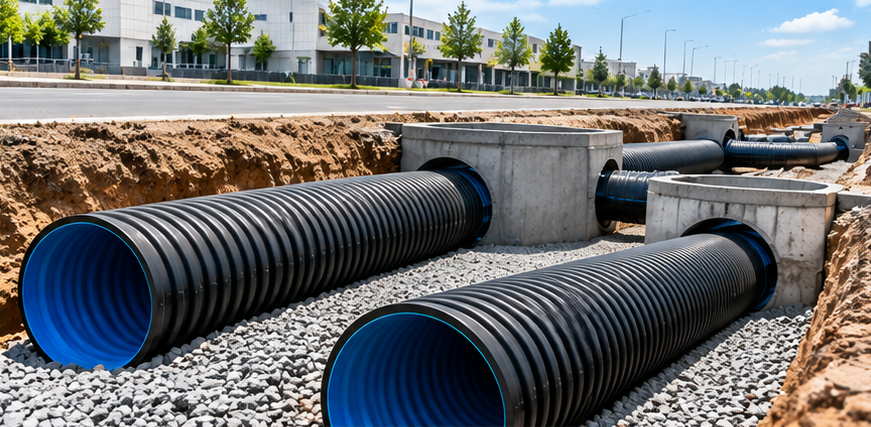 HDPE corrugated drainage pipes installed near concrete inspection chambers