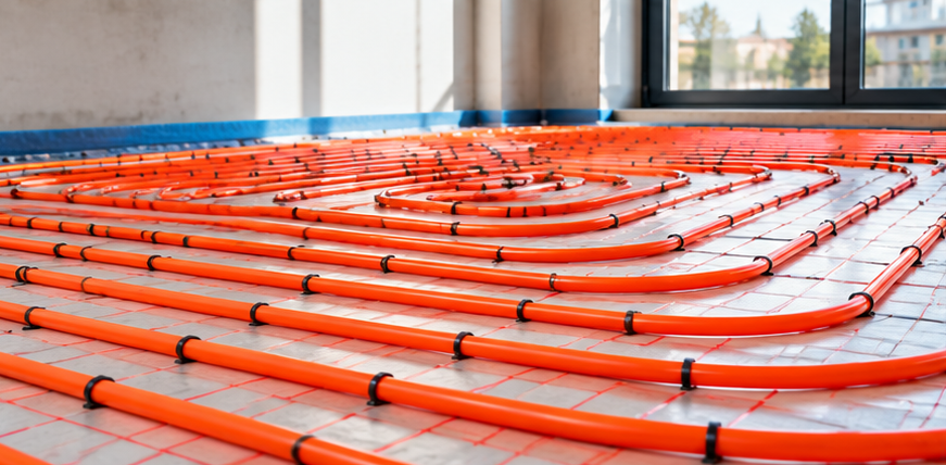 Flexible heating pipes arranged for underfloor heating installation