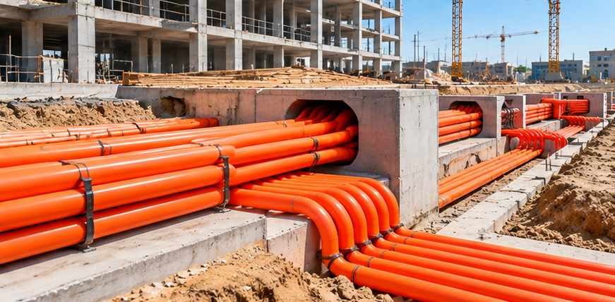 Orange electrical cable protection conduits at a construction site
