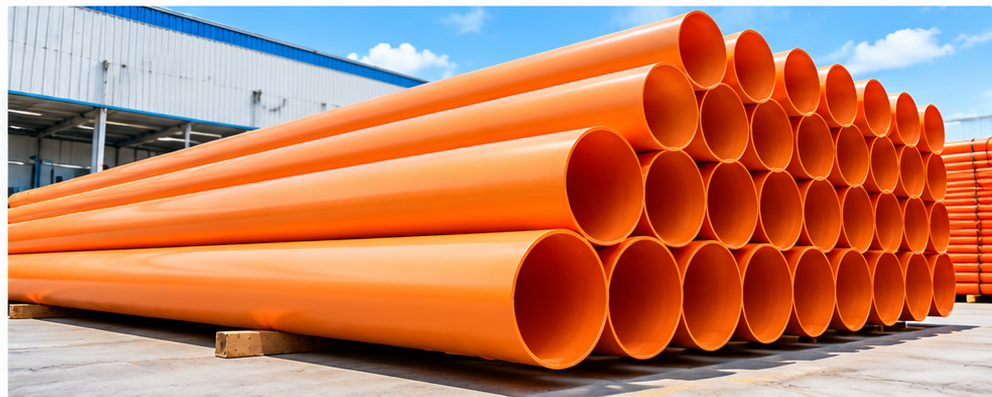 Orange rigid plastic electrical cable protection pipes