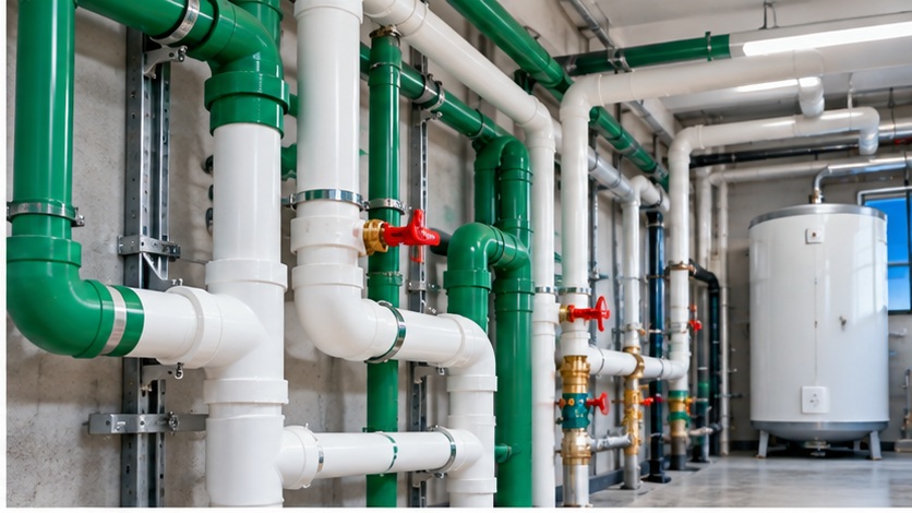 Residential and commercial building water supply plumbing with green and white pipes