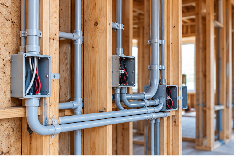 PVC electrical conduit routing and junction boxes in residential building construction