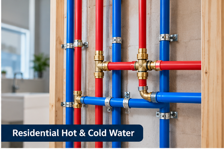 Residential hot and cold water plumbing installation with red and blue pipes