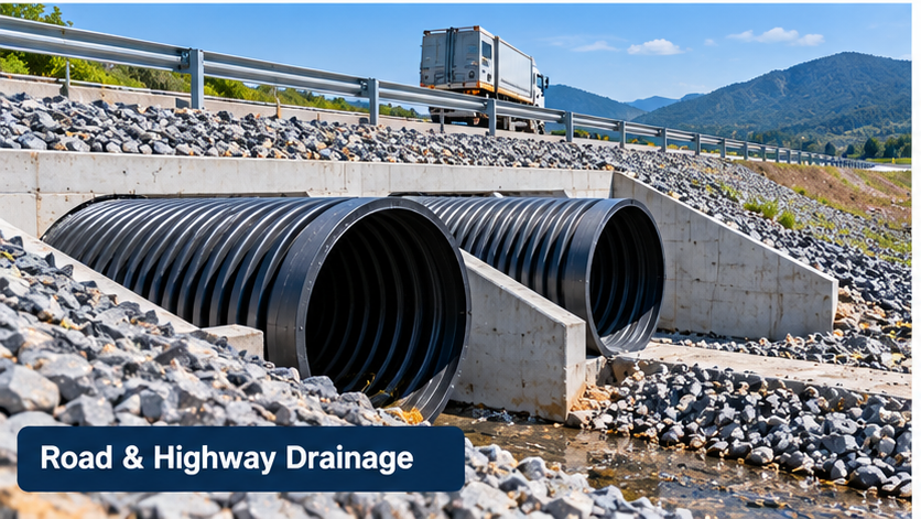 Corrugated drainage culverts installed beside a highway embankment