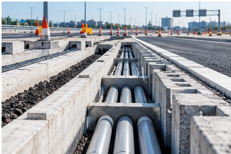 Electrical cable protection ducts installed in a roadside concrete duct bank