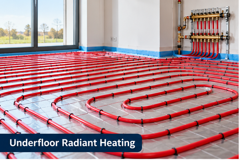 Underfloor radiant heating installation with red pipe loops and a heating manifold