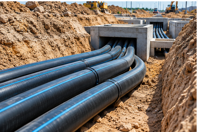 Black HDPE cable protection ducts installed in an underground power cable trench