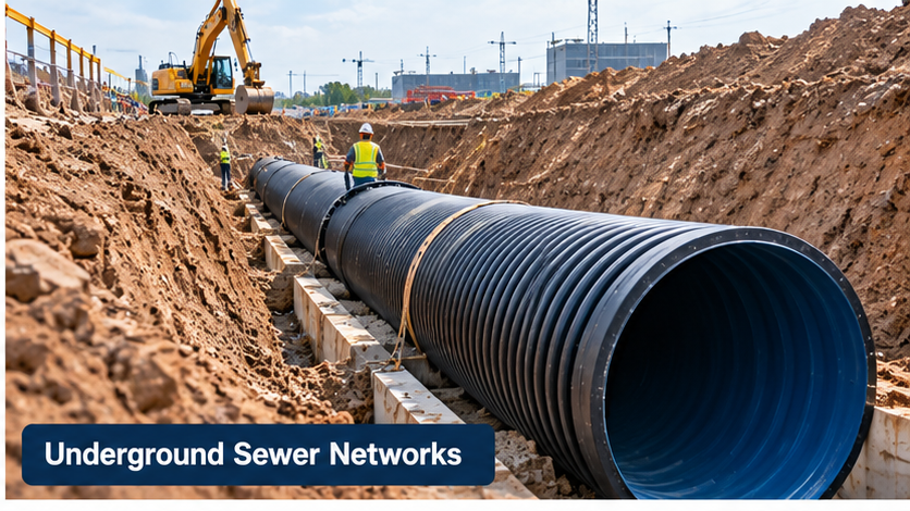 Underground sewer pipe installation in an excavated trench